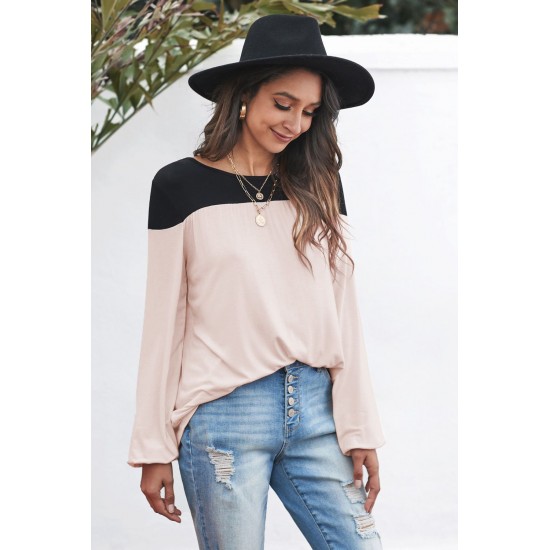 Apricot Round Neck Long Sleeve Color Block Tunic Top Apricot Round Neck Long Sleeve Color Block Tunic Top