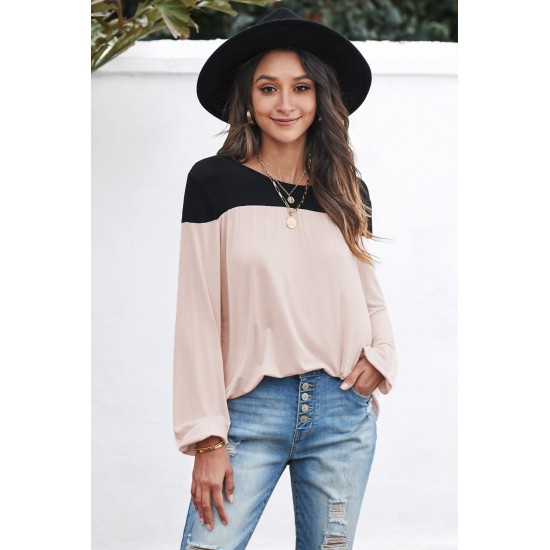 Apricot Round Neck Long Sleeve Color Block Tunic Top Apricot Round Neck Long Sleeve Color Block Tunic Top