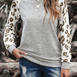 Gray Round Neck Leopard Long Sleeve Top