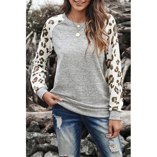 Gray Round Neck Leopard Long Sleeve Top Gray Round Neck Leopard Long Sleeve Top