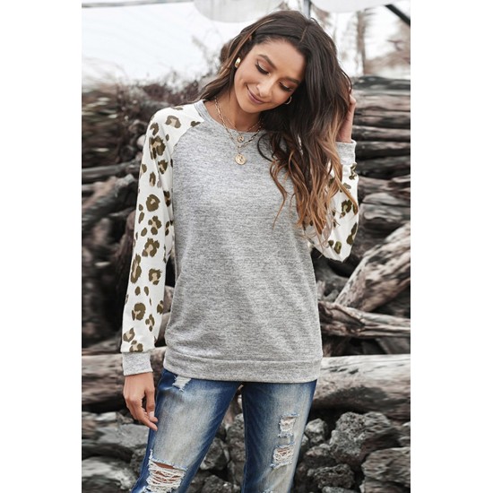 Gray Round Neck Leopard Long Sleeve Top Gray Round Neck Leopard Long Sleeve Top