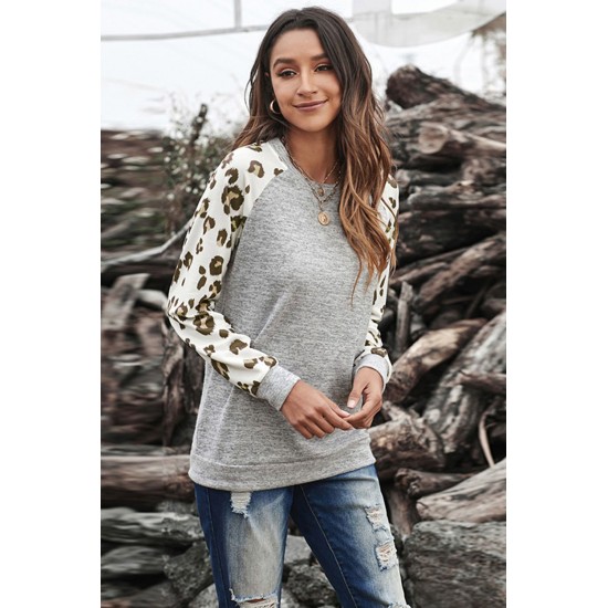 Gray Round Neck Leopard Long Sleeve Top Gray Round Neck Leopard Long Sleeve Top