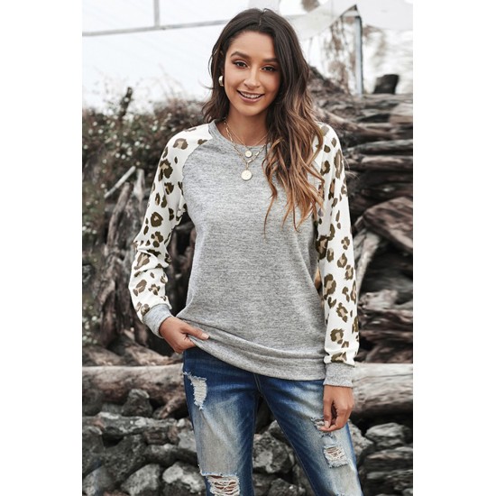 Gray Round Neck Leopard Long Sleeve Top Gray Round Neck Leopard Long Sleeve Top