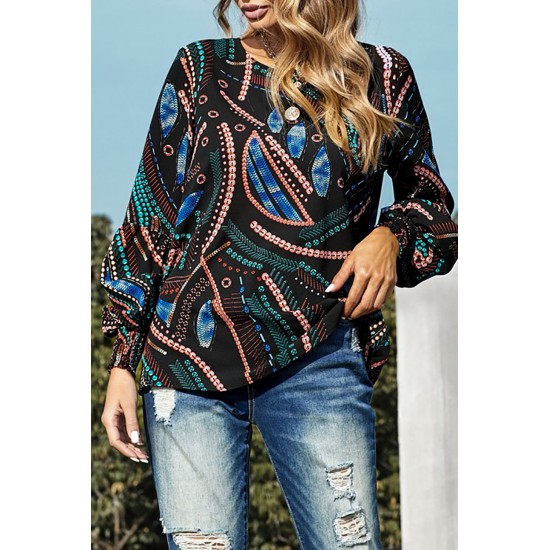 Black Printed Lantern Sleeve Top Black Printed Lantern Sleeve Top