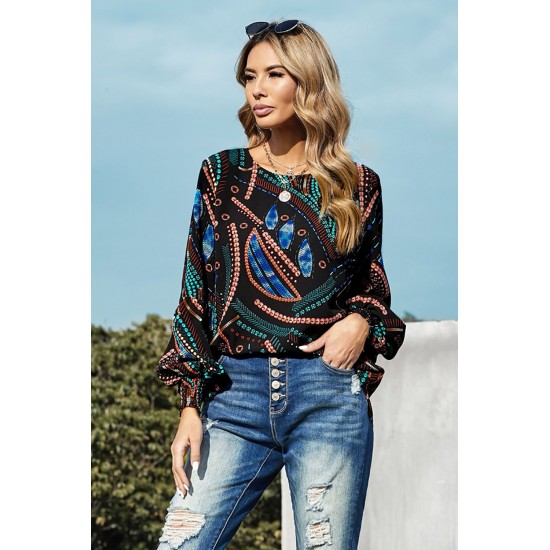 Black Printed Lantern Sleeve Top Black Printed Lantern Sleeve Top