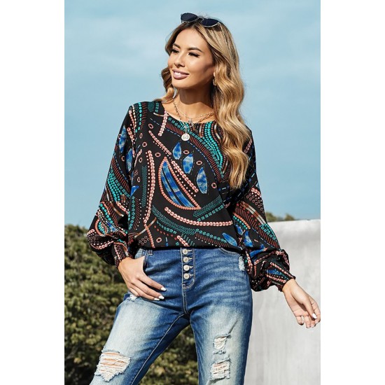 Black Printed Lantern Sleeve Top Black Printed Lantern Sleeve Top