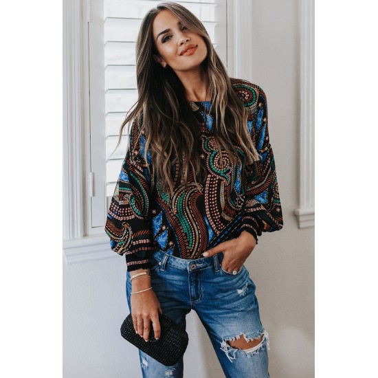 Black Printed Lantern Sleeve Top Black Printed Lantern Sleeve Top