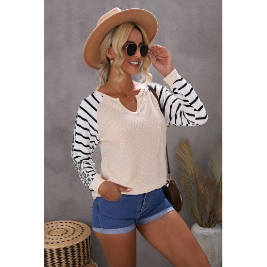 Animal Striped Sleeve Patchwork Waffle Knit Top Animal Striped Sleeve Patchwork Waffle Knit Top