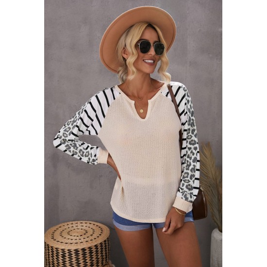 Animal Striped Sleeve Patchwork Waffle Knit Top Animal Striped Sleeve Patchwork Waffle Knit Top