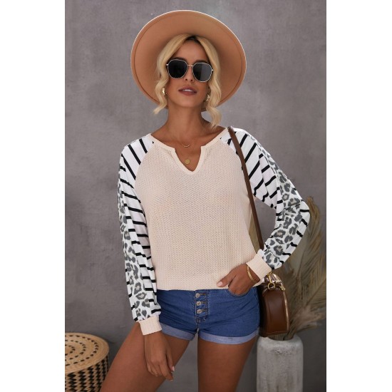 Animal Striped Sleeve Patchwork Waffle Knit Top Animal Striped Sleeve Patchwork Waffle Knit Top