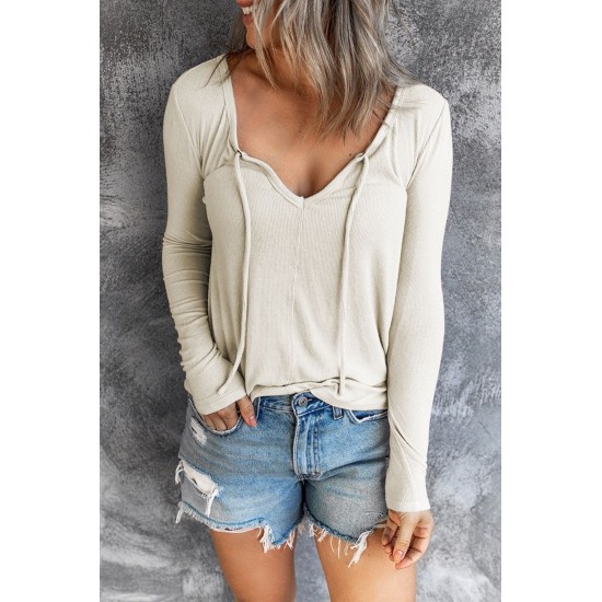 V Neck Drawstring Long Sleeve T-shirt V Neck Drawstring Long Sleeve T-shirt