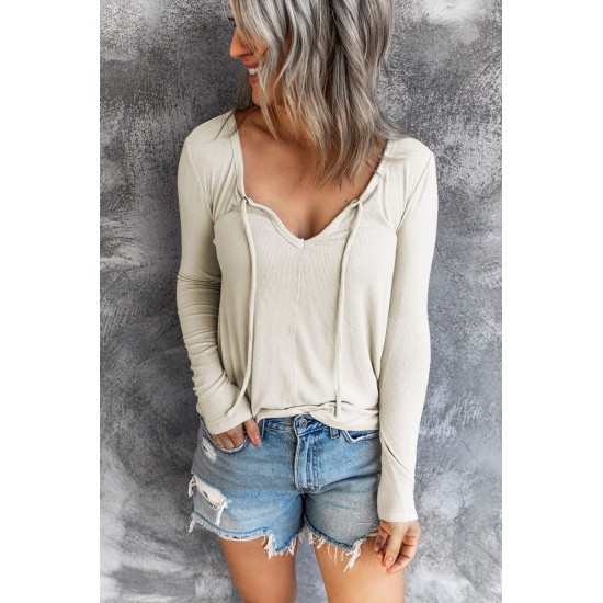V Neck Drawstring Long Sleeve T-shirt V Neck Drawstring Long Sleeve T-shirt