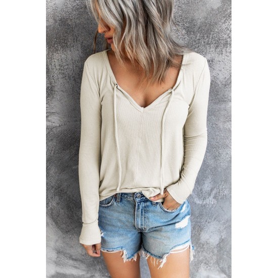 V Neck Drawstring Long Sleeve T-shirt V Neck Drawstring Long Sleeve T-shirt