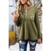 Green Waffle Elbow Patch Buttoned Long Sleeve Top