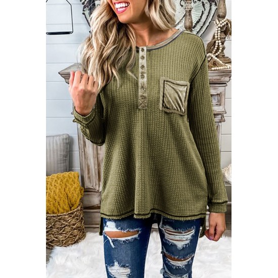 Green Waffle Elbow Patch Buttoned Long Sleeve Top Green Waffle Elbow Patch Buttoned Long Sleeve Top
