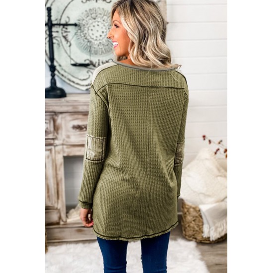 Green Waffle Elbow Patch Buttoned Long Sleeve Top Green Waffle Elbow Patch Buttoned Long Sleeve Top