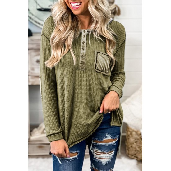 Green Waffle Elbow Patch Buttoned Long Sleeve Top Green Waffle Elbow Patch Buttoned Long Sleeve Top