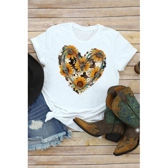 Sunflower Heart-shaped Print Short Sleeve Top Sunflower Heart-shaped Print Short Sleeve Top