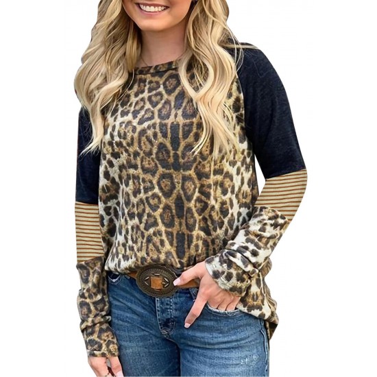 Leopard Striped Splicing Long Sleeve Tee Leopard Striped Splicing Long Sleeve Tee