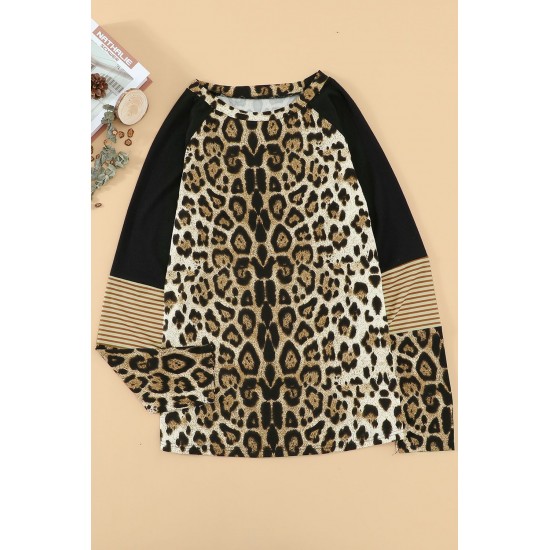 Leopard Striped Splicing Long Sleeve Tee Leopard Striped Splicing Long Sleeve Tee