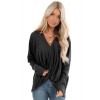 Black Waffle Texture V Neck Twist Long Sleeve Top