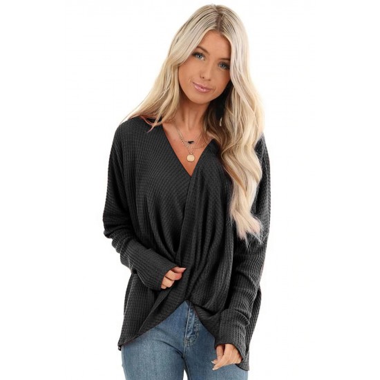 Black Waffle Texture V Neck Twist Long Sleeve Top Black Waffle Texture V Neck Twist Long Sleeve Top