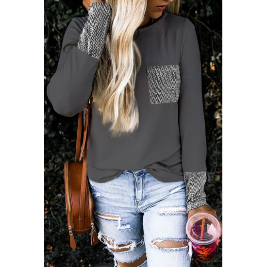 Gray Chevron Print Pocket and Sleeve Cuffs Top Gray Chevron Print Pocket and Sleeve Cuffs Top