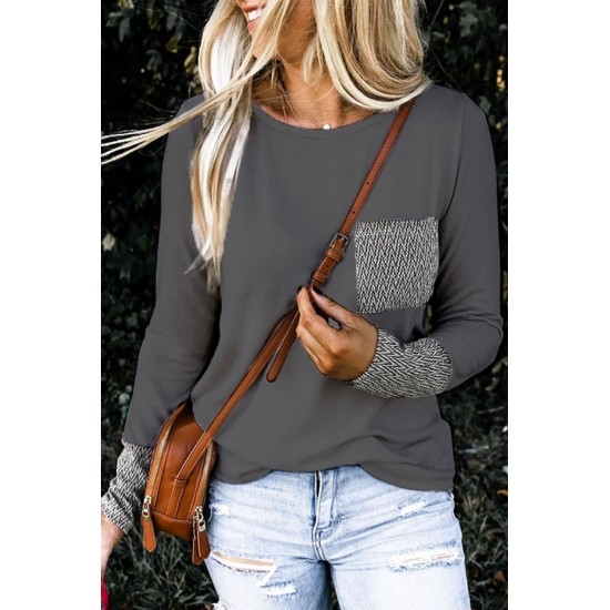 Gray Chevron Print Pocket and Sleeve Cuffs Top Gray Chevron Print Pocket and Sleeve Cuffs Top