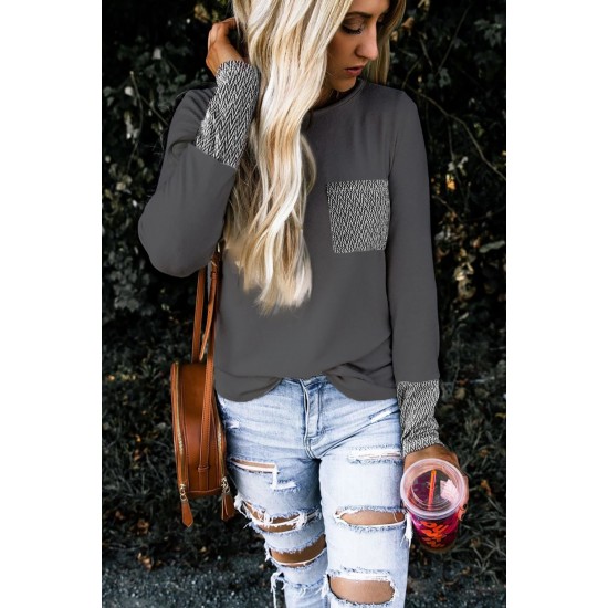 Gray Chevron Print Pocket and Sleeve Cuffs Top Gray Chevron Print Pocket and Sleeve Cuffs Top