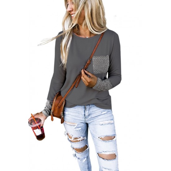 Gray Chevron Print Pocket and Sleeve Cuffs Top Gray Chevron Print Pocket and Sleeve Cuffs Top