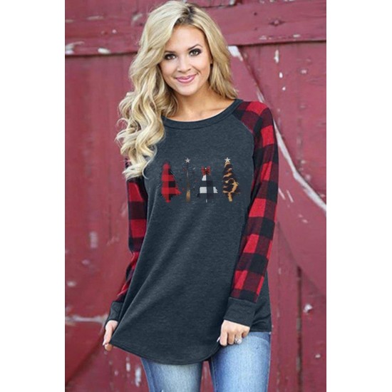 Christmas Pattern Plaid Splice Long Sleeve Top Christmas Pattern Plaid Splice Long Sleeve Top