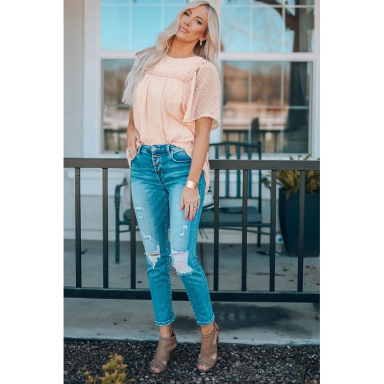 Apricot Flutter Sleeves Sheer Textured Babydoll Top Apricot Flutter Sleeves Sheer Textured Babydoll Top