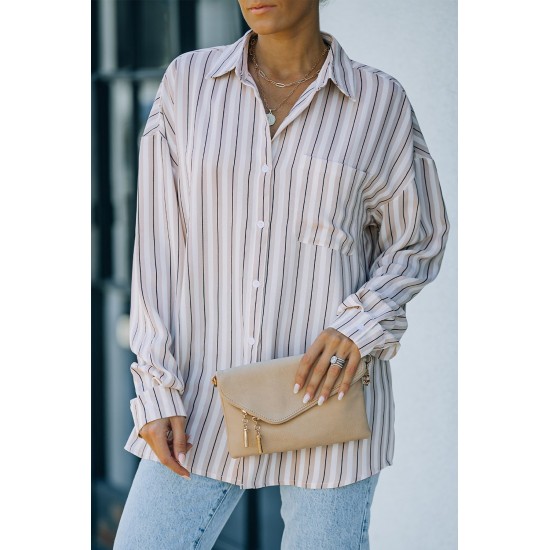 Khaki Striped Buttons Closure Long Sleeve Shirt Khaki Striped Buttons Closure Long Sleeve Shirt