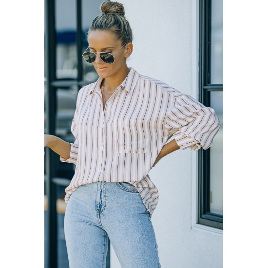 Khaki Striped Buttons Closure Long Sleeve Shirt Khaki Striped Buttons Closure Long Sleeve Shirt