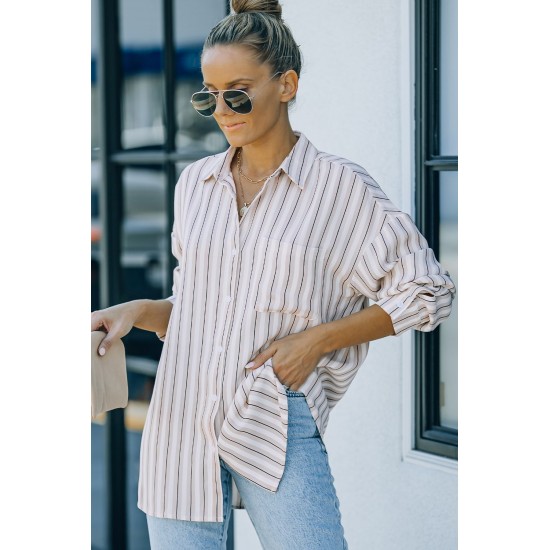 Khaki Striped Buttons Closure Long Sleeve Shirt Khaki Striped Buttons Closure Long Sleeve Shirt