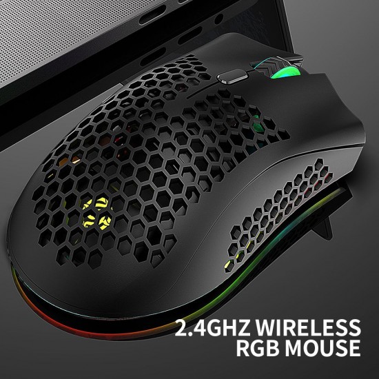 2.4G Wireless Gaming Mouse Rechargeable Mouse with RGB Light Effect 3 Adjustable DPI Hollowed-out Honeycomb Design Black 2.4G Wireless Gaming Mouse Rechargeable Mouse with RGB Light Effect 3 Adjustable DPI Hollowed-out Honeycomb Design Black