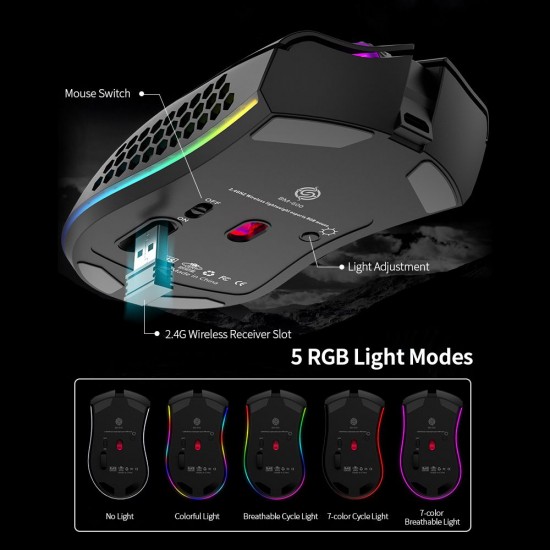 2.4G Wireless Gaming Mouse Rechargeable Mouse with RGB Light Effect 3 Adjustable DPI Hollowed-out Honeycomb Design Black 2.4G Wireless Gaming Mouse Rechargeable Mouse with RGB Light Effect 3 Adjustable DPI Hollowed-out Honeycomb Design Black