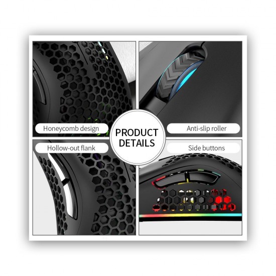2.4G Wireless Gaming Mouse Rechargeable Mouse with RGB Light Effect 3 Adjustable DPI Hollowed-out Honeycomb Design Black 2.4G Wireless Gaming Mouse Rechargeable Mouse with RGB Light Effect 3 Adjustable DPI Hollowed-out Honeycomb Design Black