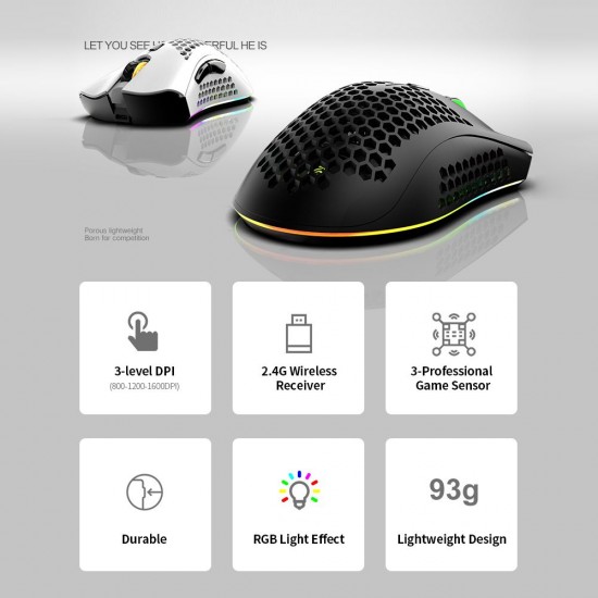 2.4G Wireless Gaming Mouse Rechargeable Mouse with RGB Light Effect 3 Adjustable DPI Hollowed-out Honeycomb Design Black 2.4G Wireless Gaming Mouse Rechargeable Mouse with RGB Light Effect 3 Adjustable DPI Hollowed-out Honeycomb Design Black
