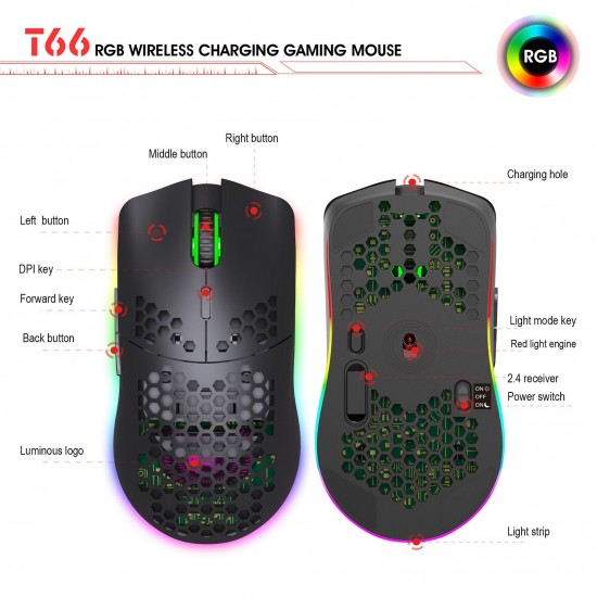 T66 RGB 2.4G Wireless Gaming Mouse RGB Lighting Charging Mouse with Adjustable DPI Ergonomic Design for Desktop Laptop Black T66 RGB 2.4G Wireless Gaming Mouse RGB Lighting Charging Mouse with Adjustable DPI Ergonomic Design for Desktop Laptop Black