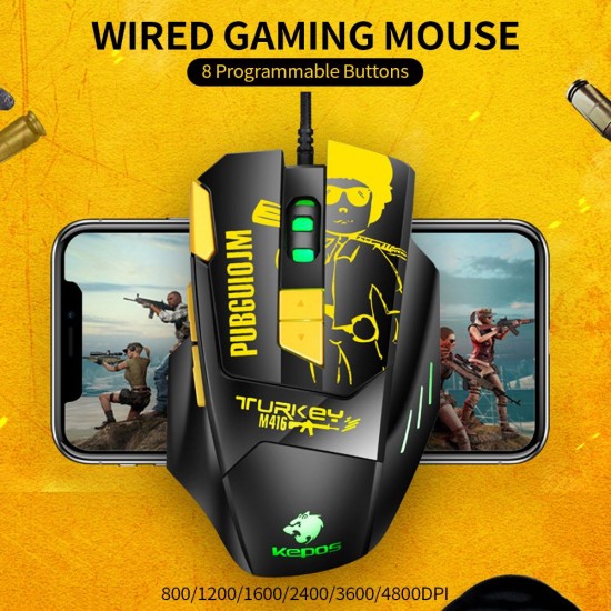 Wired Gaming Mouse Ergonomic Mouse 8 Programmable Buttons 800/1200/1600/2400/3600/4800DPI 6-color Breathing Light, Yellow Wired Gaming Mouse Ergonomic Mouse 8 Programmable Buttons 800/1200/1600/2400/3600/4800DPI 6-color Breathing Light, Yellow