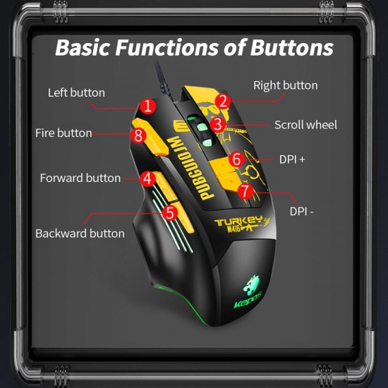 Wired Gaming Mouse Ergonomic Mouse 8 Programmable Buttons 800/1200/1600/2400/3600/4800DPI 6-color Breathing Light, Yellow Wired Gaming Mouse Ergonomic Mouse 8 Programmable Buttons 800/1200/1600/2400/3600/4800DPI 6-color Breathing Light, Yellow