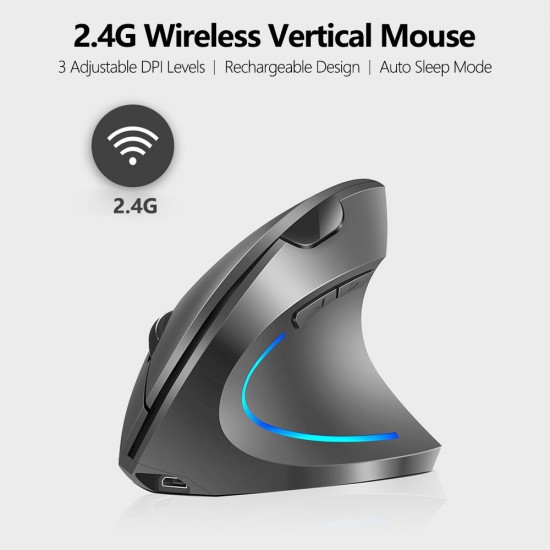 2.4G Wireless Vertical Mouse Rechargeable Upright Ergonomic Mouse 3 Adjustable DPI Levels RGB Flowing Light Plug N Play, Black 2.4G Wireless Vertical Mouse Rechargeable Upright Ergonomic Mouse 3 Adjustable DPI Levels RGB Flowing Light Plug N Play, Black