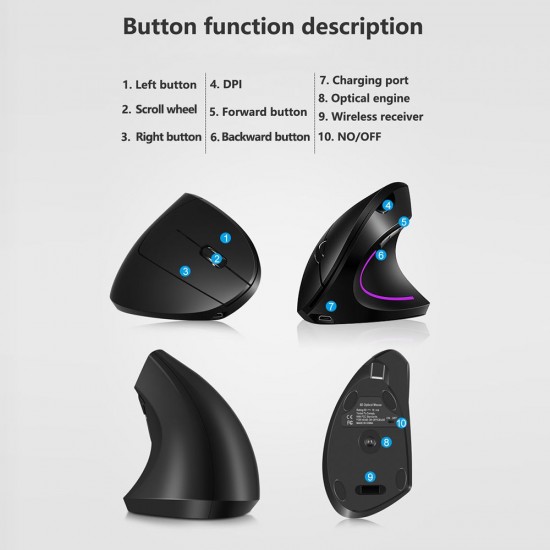 2.4G Wireless Vertical Mouse Rechargeable Upright Ergonomic Mouse 3 Adjustable DPI Levels RGB Flowing Light Plug N Play, Black 2.4G Wireless Vertical Mouse Rechargeable Upright Ergonomic Mouse 3 Adjustable DPI Levels RGB Flowing Light Plug N Play, Black