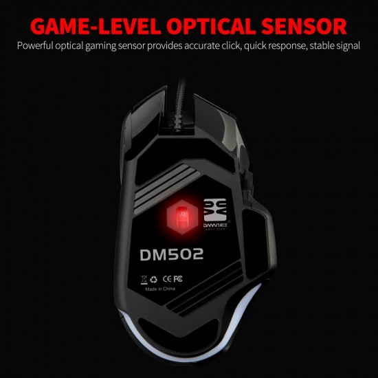 DM502 Wired Gaming Mouse Ergonomic Mice with Optical Engine Maximum 7200DPI 8 Programmable Buttons Colorful RGB Light Effect DM502 Wired Gaming Mouse Ergonomic Mice with Optical Engine Maximum 7200DPI 8 Programmable Buttons Colorful RGB Light Effect