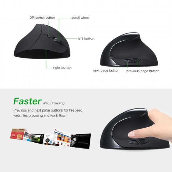 Optical Vertical Mouse Ergonomic Wireless Mouse Rechargeable Mice Built-in Battery with DPI Switch for PC Laptop(Black) Optical Vertical Mouse Ergonomic Wireless Mouse Rechargeable Mice Built-in Battery with DPI Switch for PC Laptop(Black)