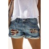 Blue Skull Print Patchwork Frayed High Waist Denim Shorts