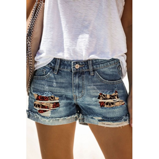 Blue Skull Print Patchwork Frayed High Waist Denim Shorts Blue Skull Print Patchwork Frayed High Waist Denim Shorts