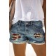 Blue Skull Print Patchwork Frayed High Waist Denim Shorts Blue Skull Print Patchwork Frayed High Waist Denim Shorts
