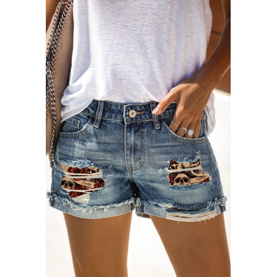 Blue Skull Print Patchwork Frayed High Waist Denim Shorts Blue Skull Print Patchwork Frayed High Waist Denim Shorts